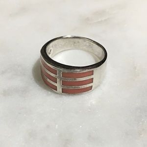 Sterling Silver Coral Inlay Ring Size 8